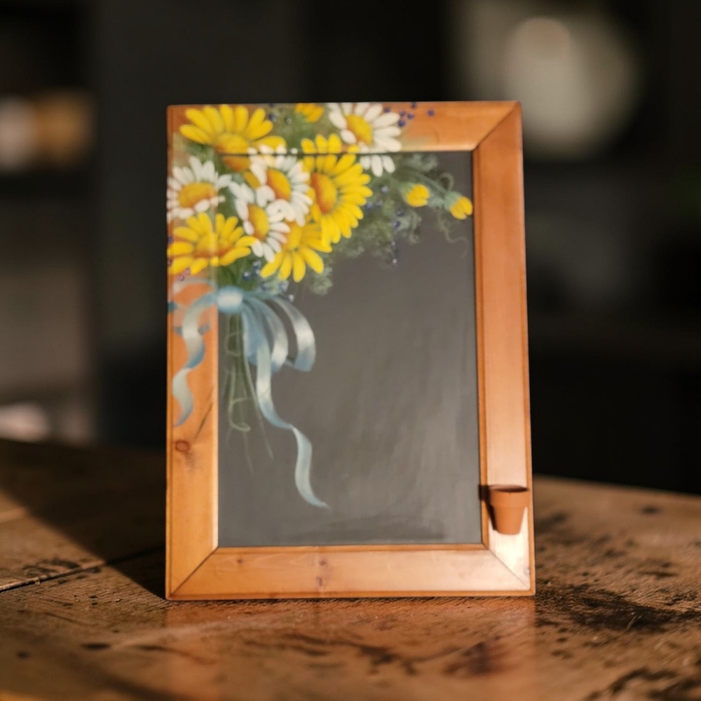 Vintage Wood Frame Chalkboard with Yellow Daisy Artwork